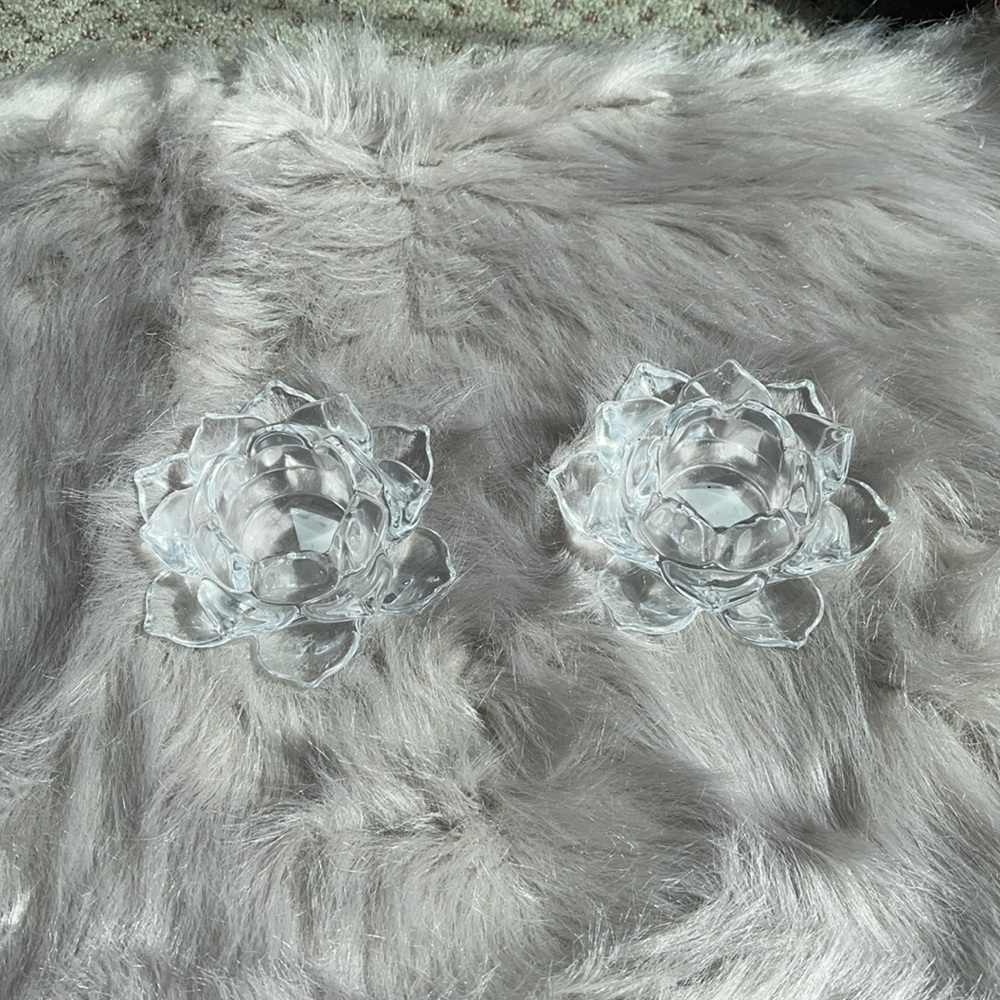 Two crystal lotus shaped tea light candle holders
